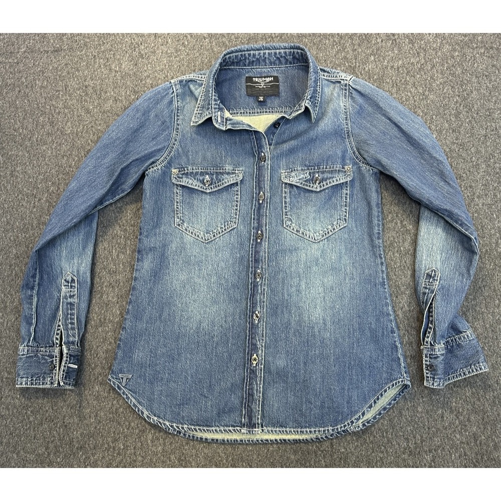 Triumph Motorcycles Denim Button Front Shirt Western Cotton Blue Women's Small - Picture 2 of 15